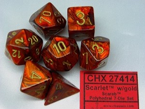 Chessex Dobbelset: Polydice Scarab Scarlet gouden cijfers (7st)