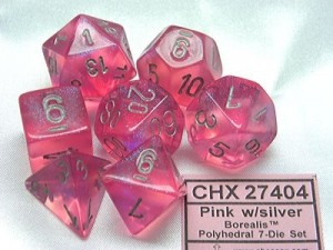 Chessex: Polydice Pink/white silver 7 stuks